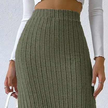 Elegant Women Maxi Ribbed Skirt High Waist Side Slit Knitting Skirt