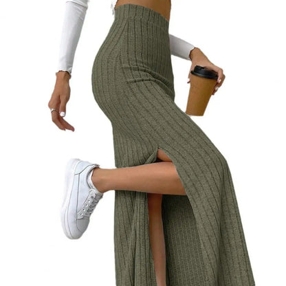 Elegant Women Maxi Ribbed Skirt High Waist Side Slit Knitting Skirt